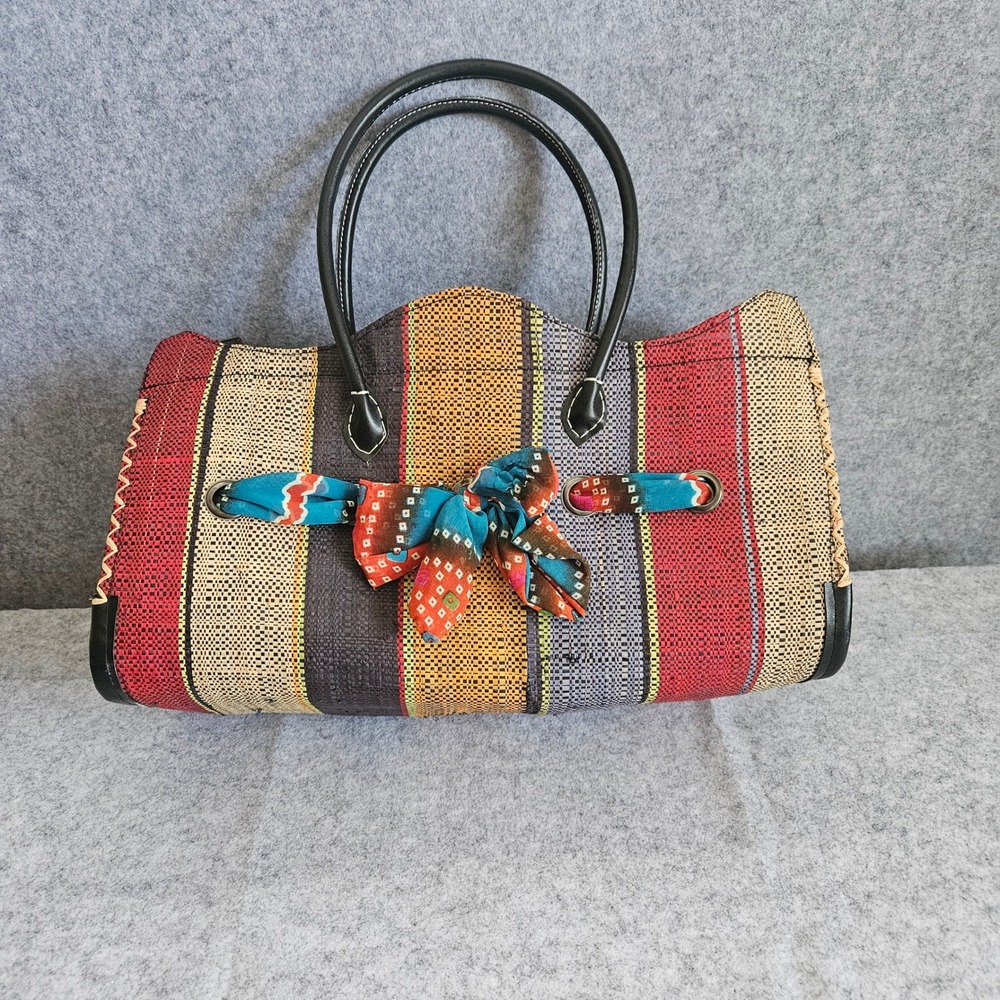 Boho Striped Woven Straw Tote Bag Multi Color Scarf Accent Zipper Satchel Large